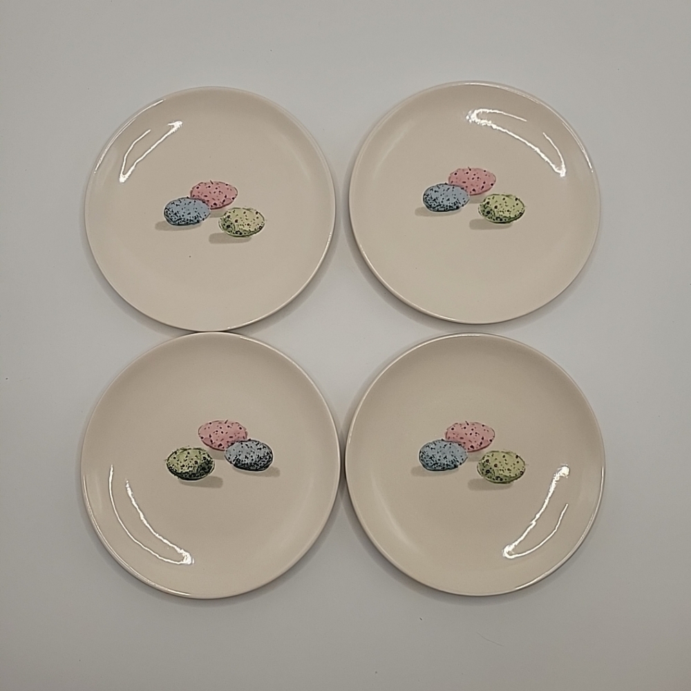 Set of Four Rae Dunn Dessert Plates with Speckled Egg Design